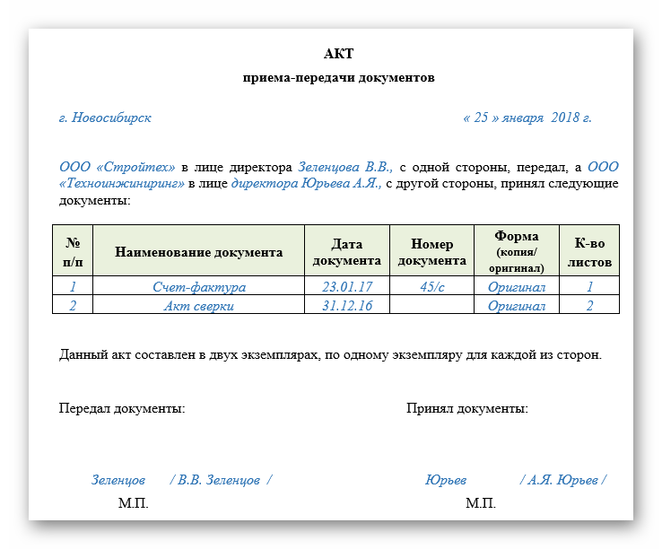 образец акта приема передачи