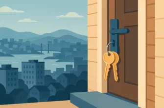 Ключи на дверной ручке квартиры на фоне панорамы Владивостока